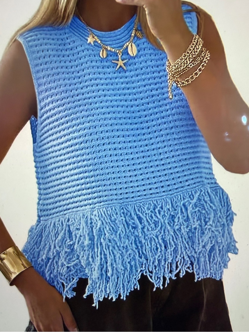 Blue Sleeveless Crochet Crop Tank Top With Fringe - NWT - Size M